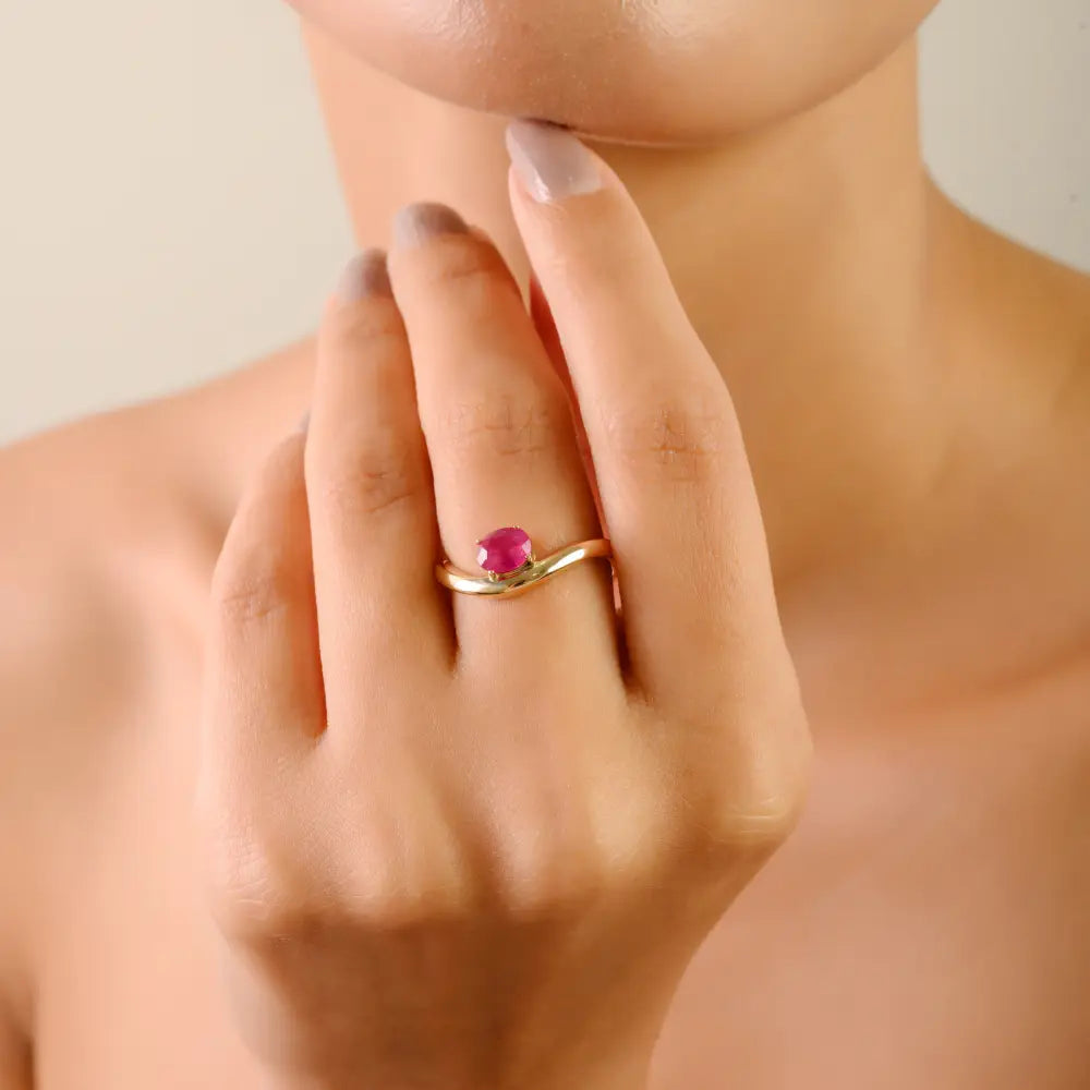 Prong Setting Natural Ruby Gemstone Simple Wavy Ring Pure 14K Yellow Gold Gift For Her