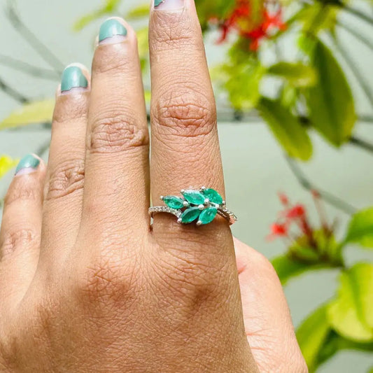 May Birthstone Marquise Shape Emerald & Round American Diamond Leaf Ring For Women Set In 925 Sterling Silver