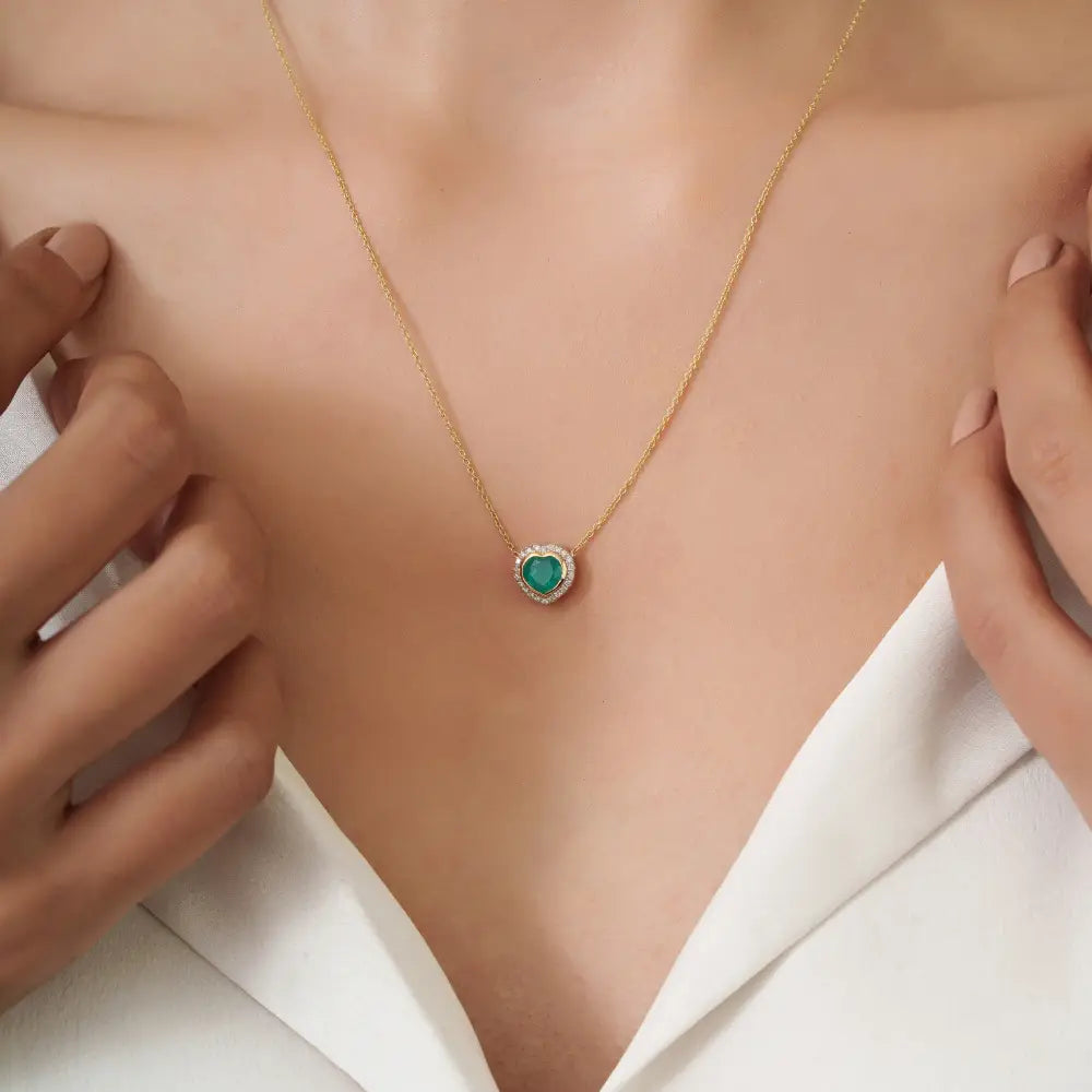 Handcrafted Design 14K Yellow Gold Emerald & Diamond Heart Shape Halo Pendant Necklace