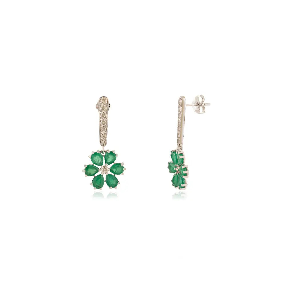 18K White Gold Emerald & Diamond Floral Drop Earrings Handmade May Birthstone Jewelry