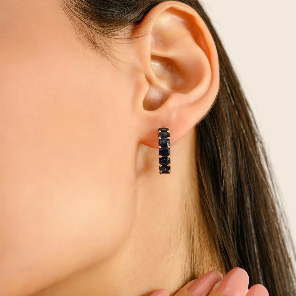 Natural Blue Sapphire Octagon Cut Small Hoop Earrings Solid 14K Yellow Gold Fine Jewelry
