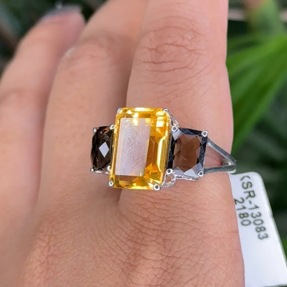 Wholesale Birthstone Jewelry Natural Citrine & Smoky Quartz Three Stone Ring Set In Prong Setting