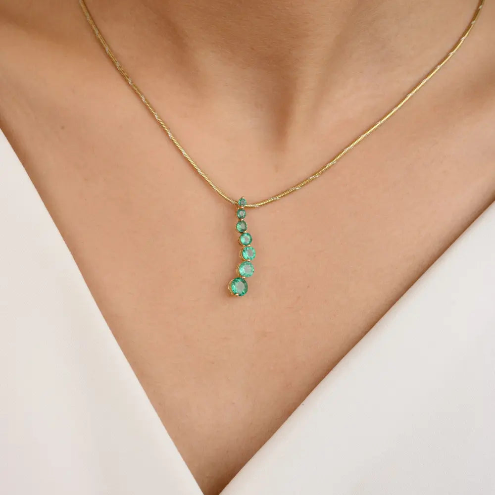 100% Natural Emerald 14K Solid Yellow Gold Long Pendant