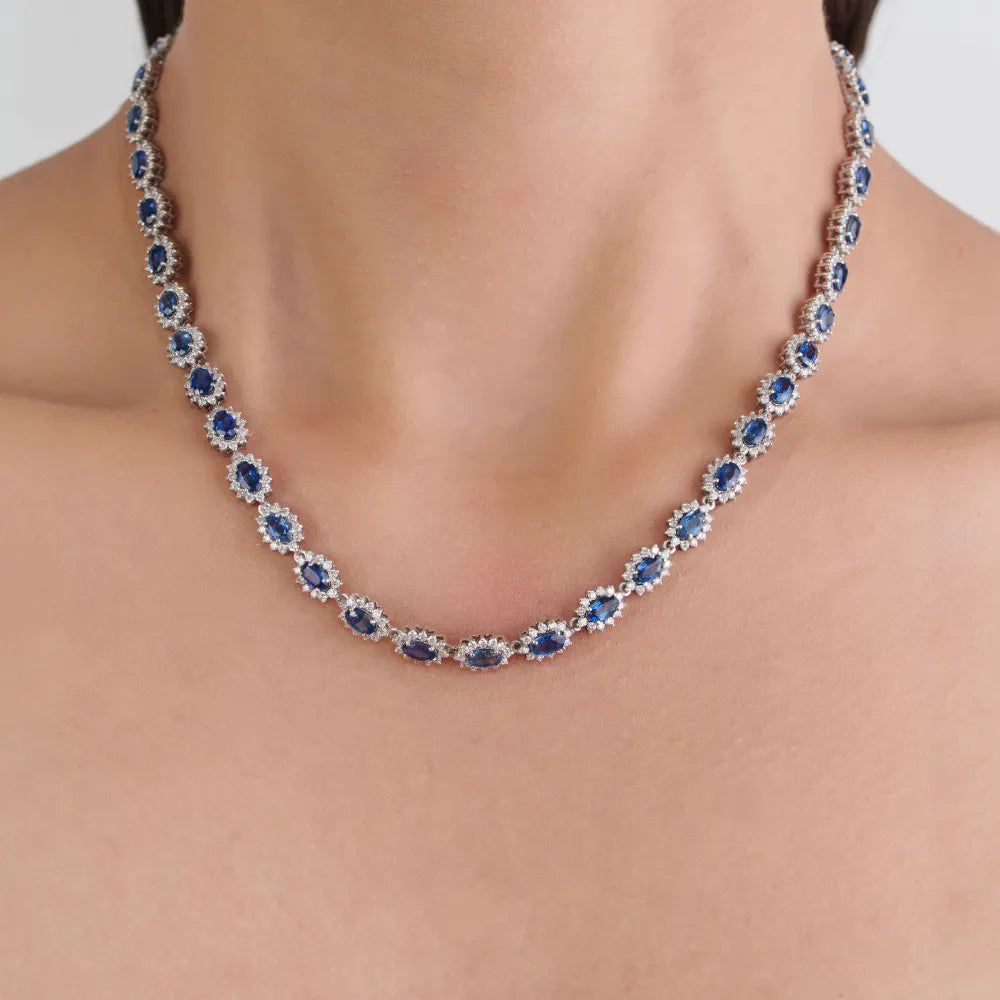 Prong Set Blue Sapphire & Diamond Fine Cluster Tennis Necklace For Women 14K Real White Gold Bold Jewelry