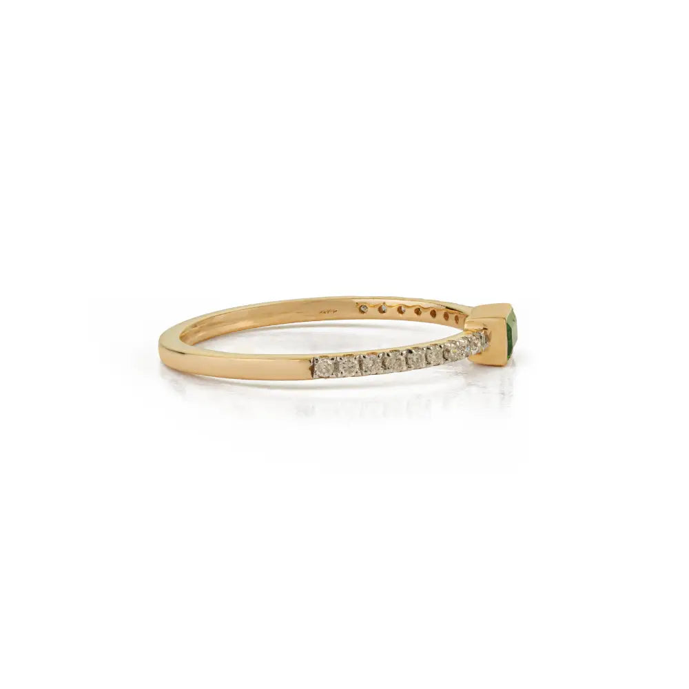 Real 14K Yellow Gold Tsavorite & Diamond Minimalist Stackable Ring Light Weight Jewelry