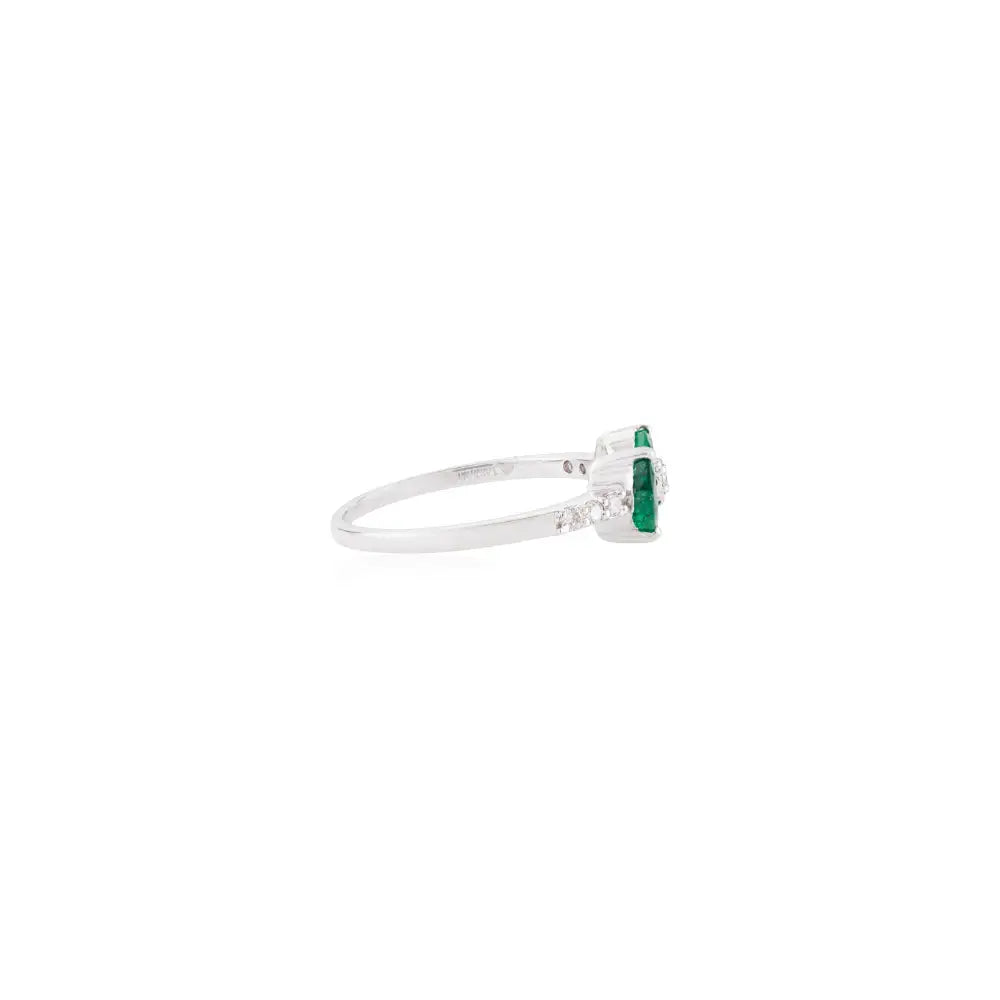 Unique Design 14K Real White Gold Trillion Cut Emerald & Round Diamond Bow Ring For Women