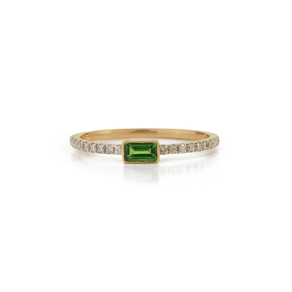 Real 14K Yellow Gold Tsavorite & Diamond Minimalist Stackable Ring Light Weight Jewelry