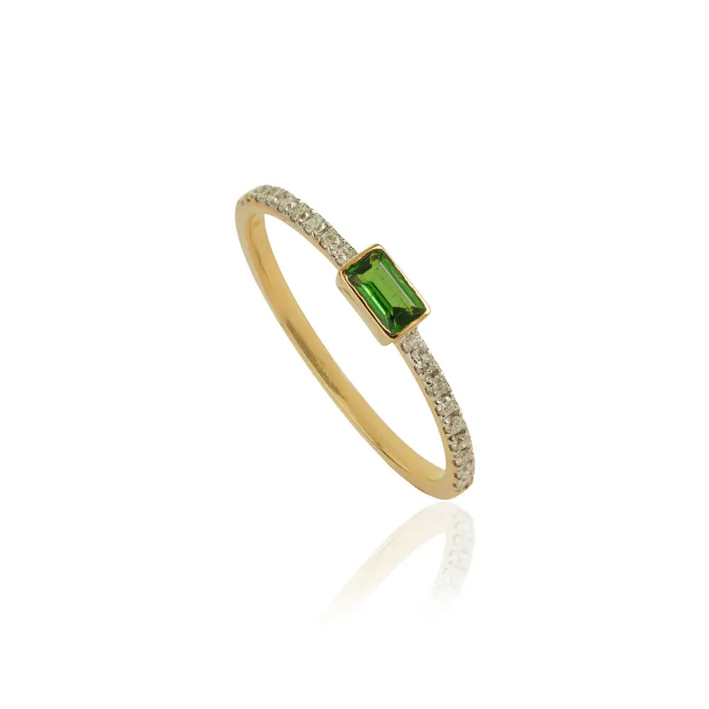 Real 14K Yellow Gold Tsavorite & Diamond Minimalist Stackable Ring Light Weight Jewelry