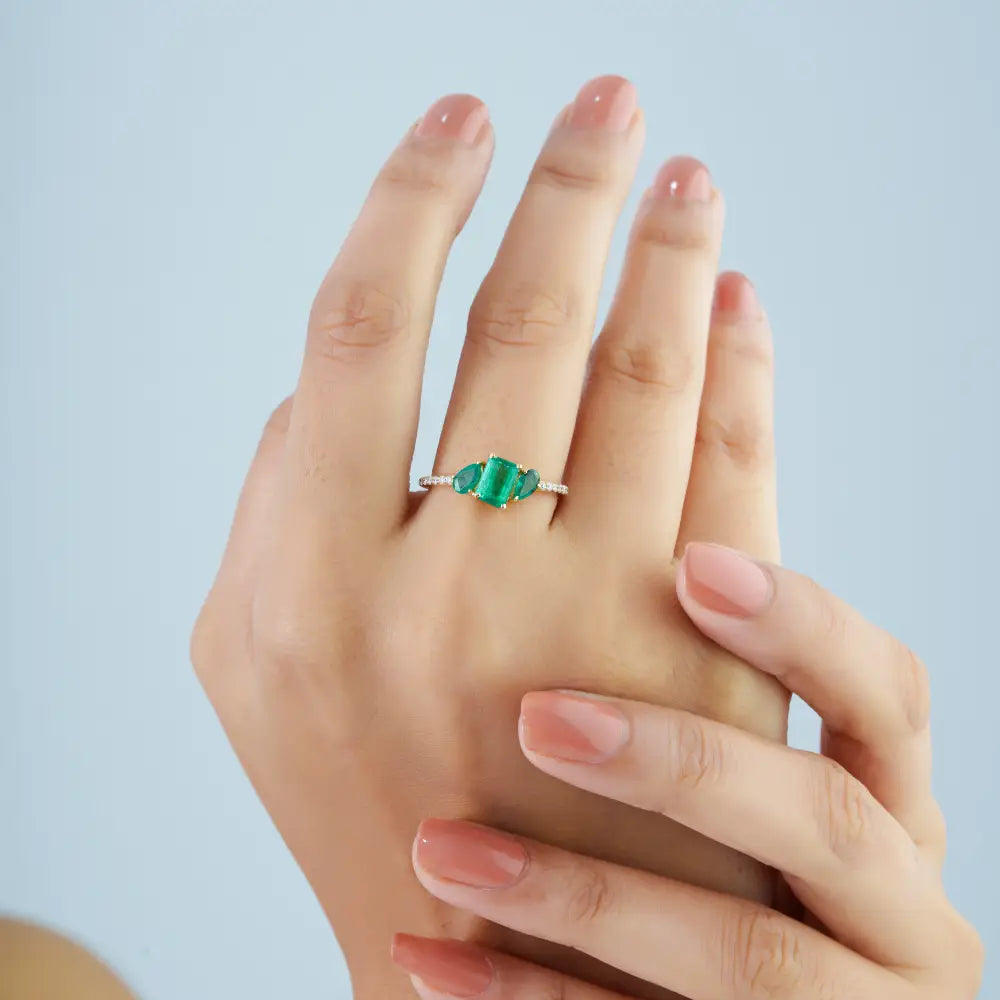 Minimalist Design Emerald & Diamond Pure K14 Yellow Gold Stacking Three Stone Ring