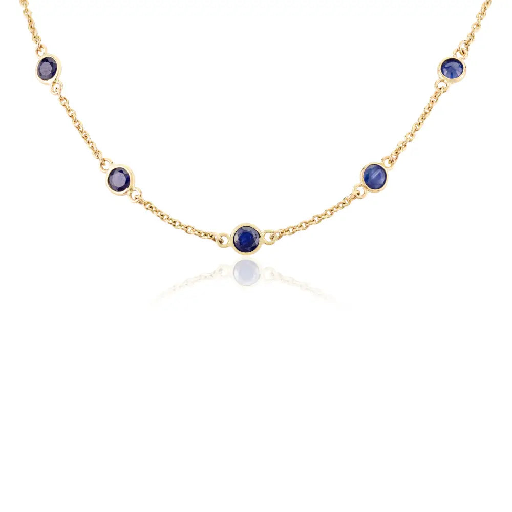 Real 14K Yellow Gold Round Blue Sapphire Station Chain Necklace Daily Wear Simple Jewelry