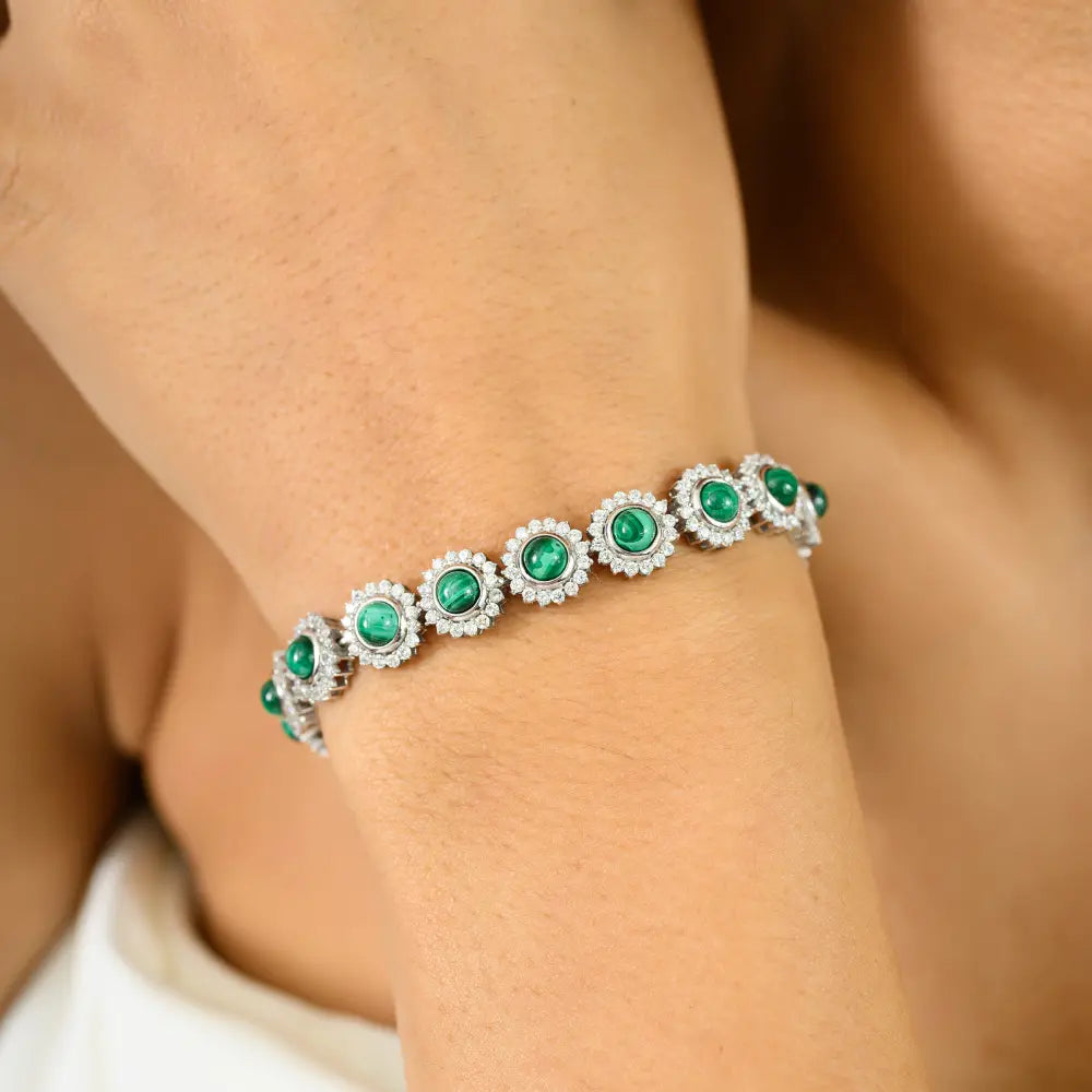Unique Design Round Cut 100% Natural Malachite & American Diamond Statement Flower Bracelet