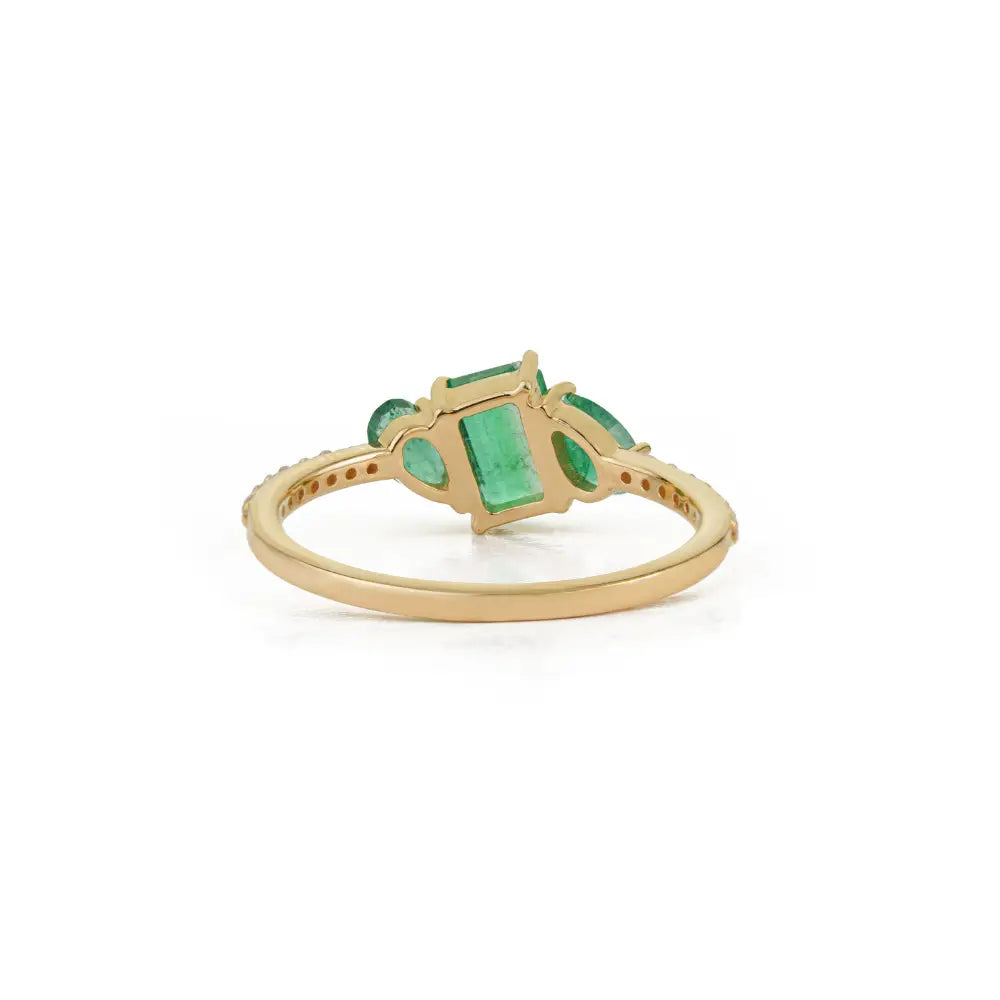 Minimalist Design Emerald & Diamond Pure K14 Yellow Gold Stacking Three Stone Ring