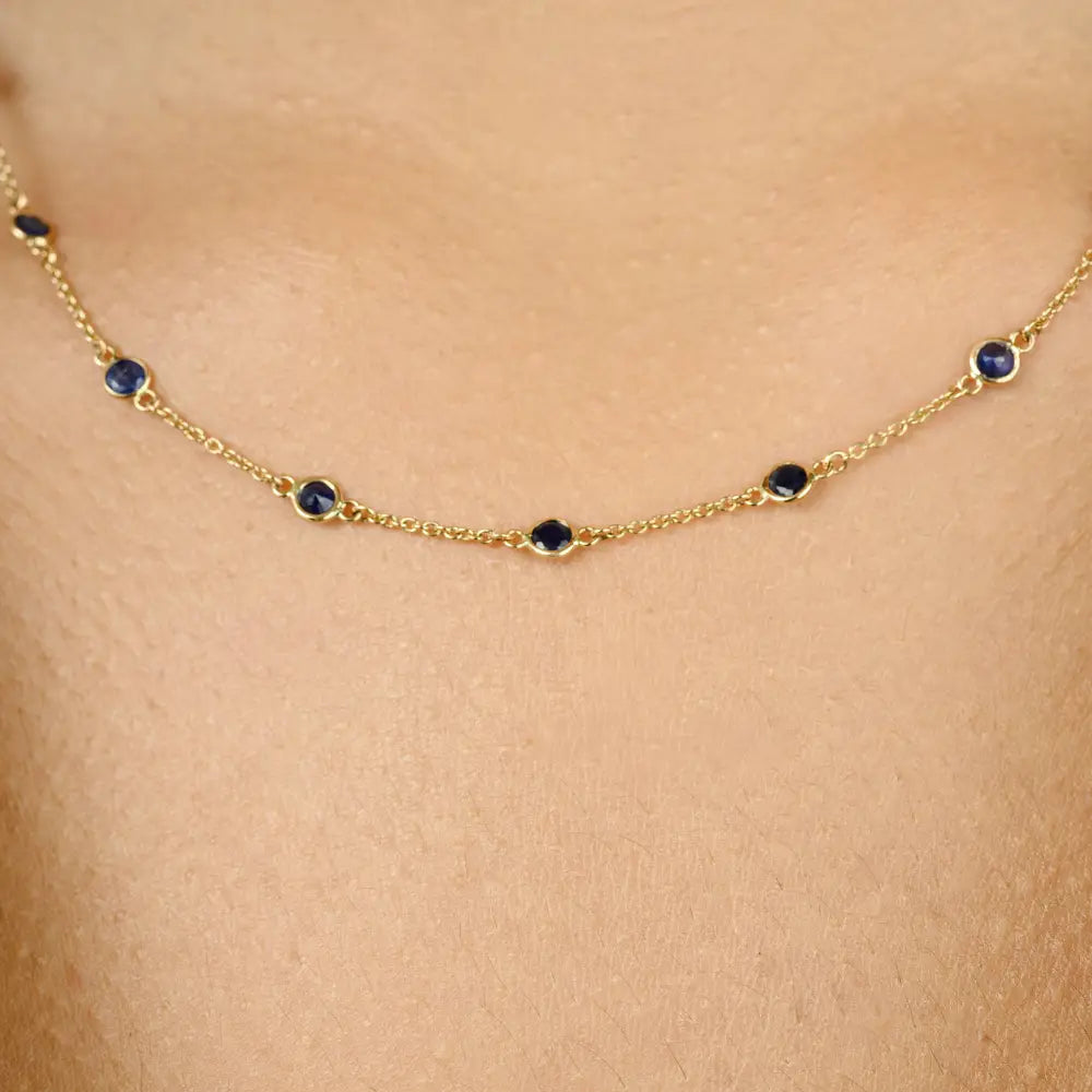 Real 14K Yellow Gold Round Blue Sapphire Station Chain Necklace Daily Wear Simple Jewelry
