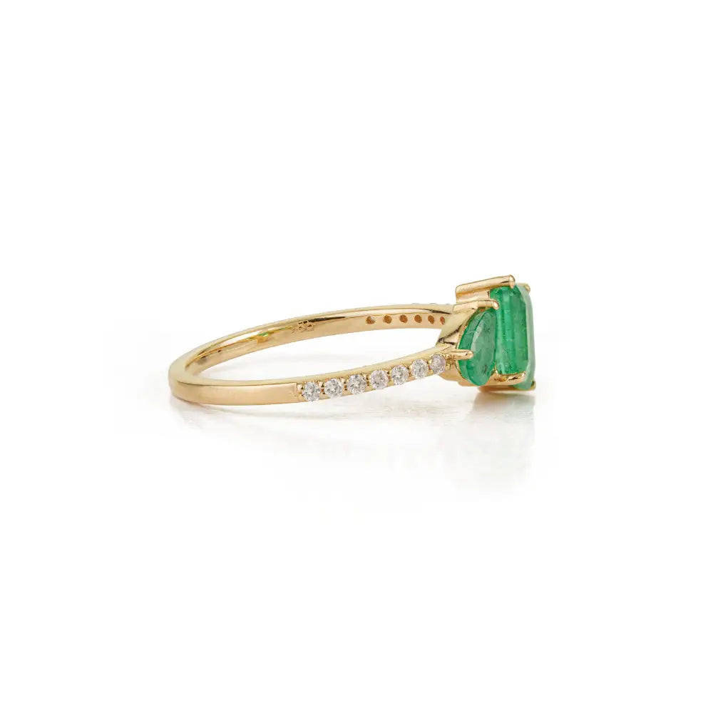 Minimalist Design Emerald & Diamond Pure K14 Yellow Gold Stacking Three Stone Ring