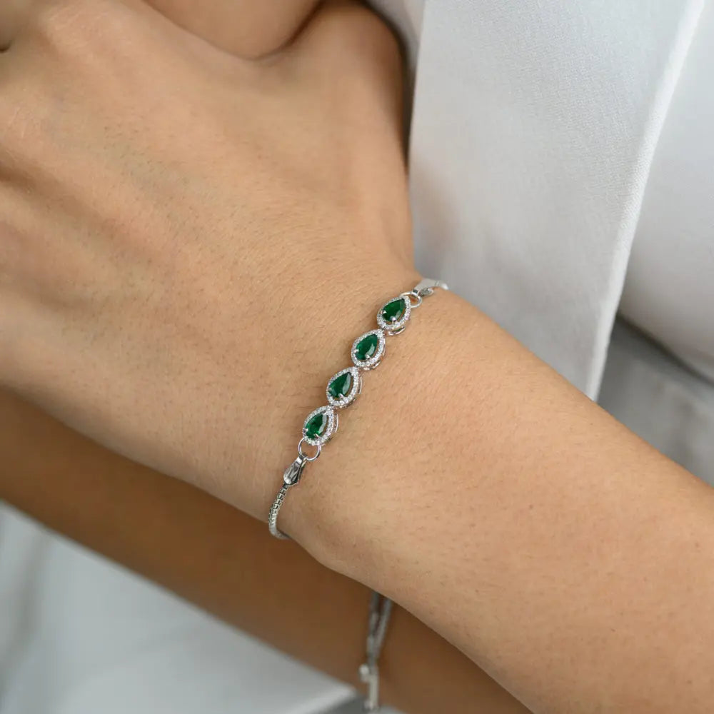 Fashionable Jewelry Natural Emerald & Diamond 18K Solid White Gold Adjustable Bracelet