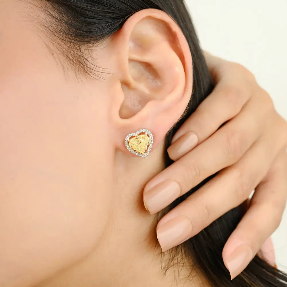 100% Natural White & Yellow Diamond Heart Shape Stud Earrings Valentine's Day Gift