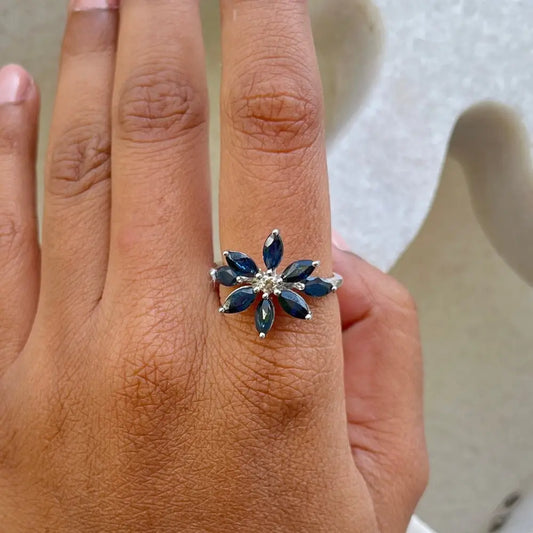 New Arrivals Latest Design Blue Sapphire Flower Shape Index Finger Ring Custom Made Jewelry