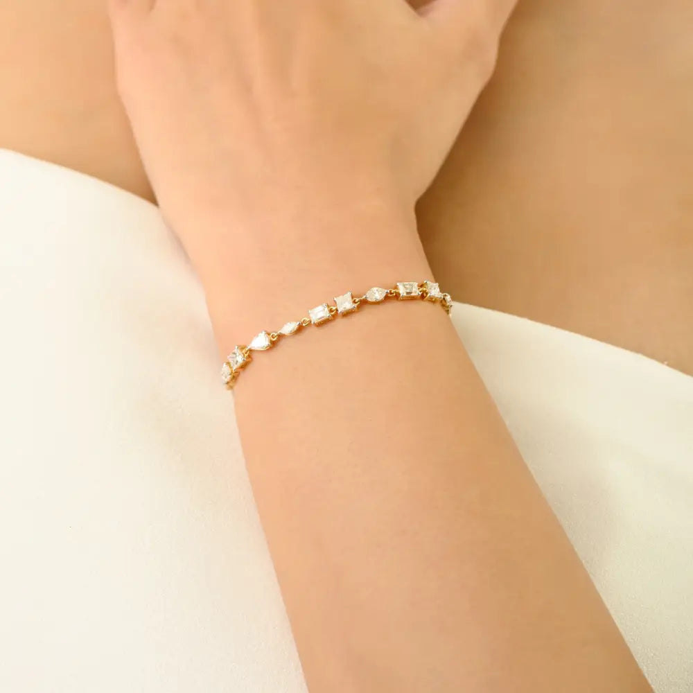 Mixed Shape Diamond 18K Solid Yellow Gold Prong Set Tennis Bracelet Designer Jewelry