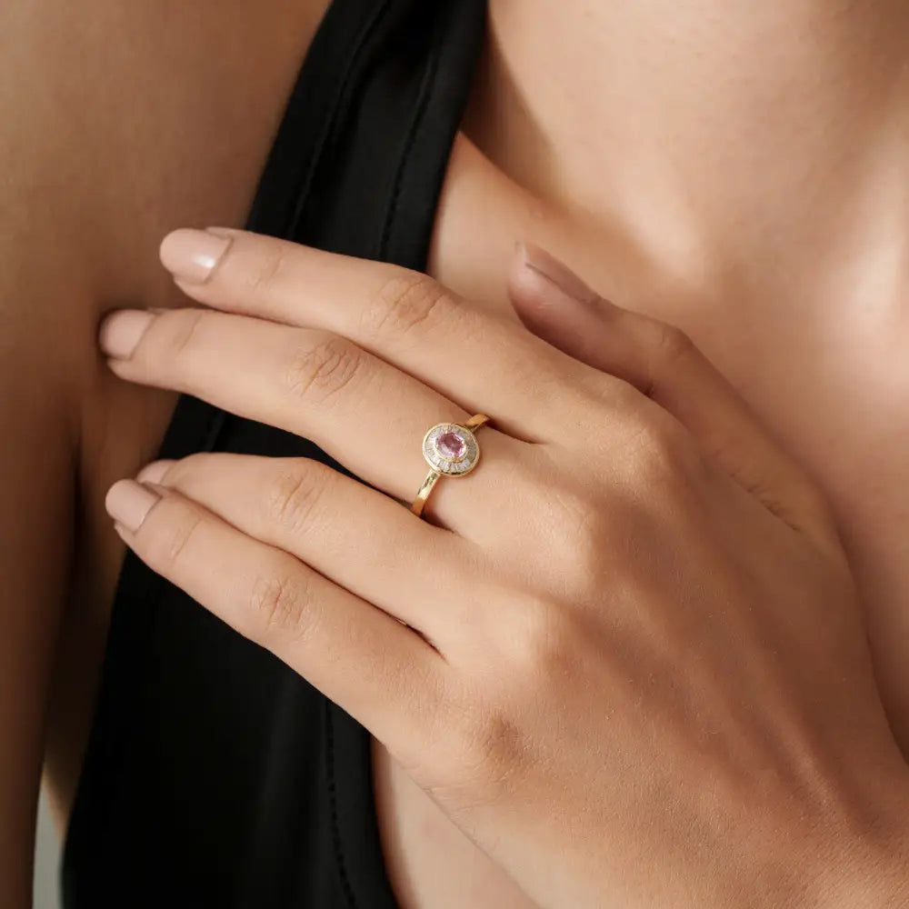 4x5 mm Pink Sapphire & Diamond K14 Yellow Gold Cluster Ring Stack Jewelry For Everyday Wear