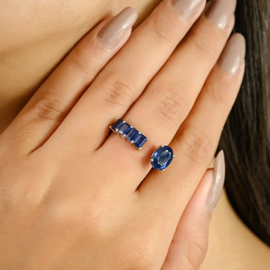 Latest Design Handmade Blue Sapphire Real K14 White Gold Open Ended Ring Unisex