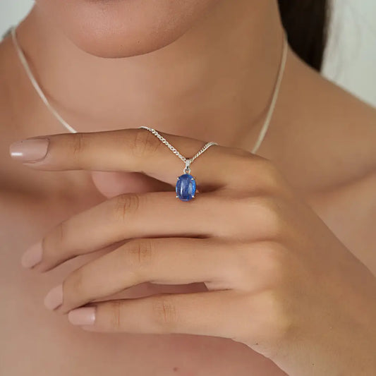 Cabochon Cut Blue Sapphire Single Stone Pendant Pure 14K White Gold September Birthstone