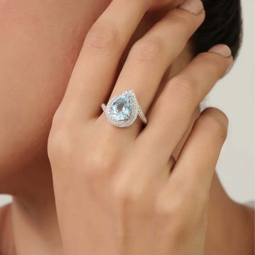 Pear Shape Aquamarine & Diamond Double Halo 18K White Gold Cocktail Ring Custom Jewelry