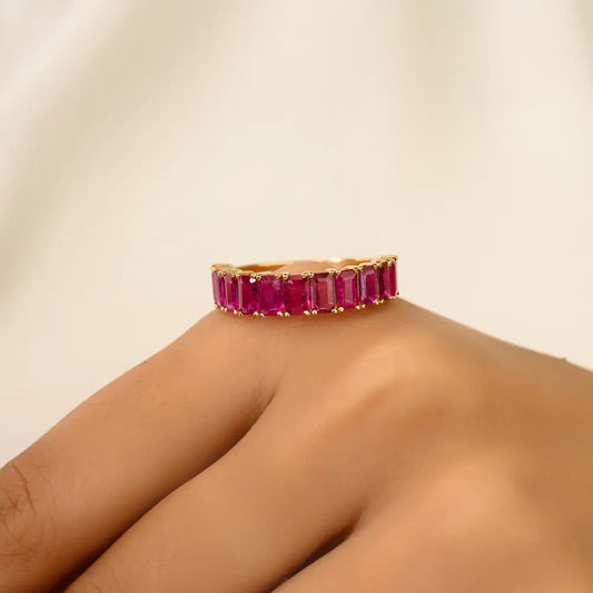 100% Genuine Octagon Cut Ruby Half Eternity Band Ring 14K Solid Yellow Gold Women Jewelry