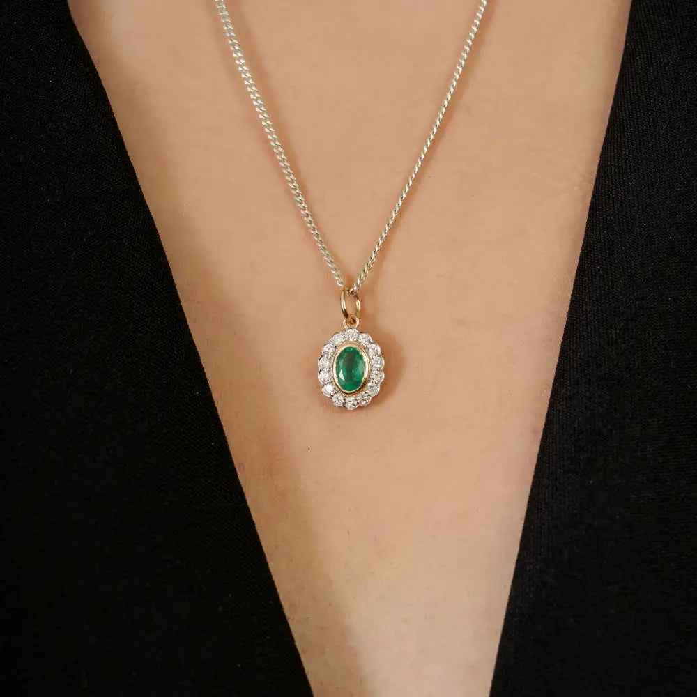Bezel Set Emerald & Diamond 14K Solid Yellow Gold Cluster Pendant For Women Fine Jewelry