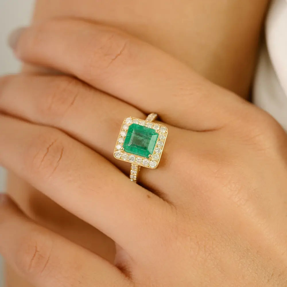Natural Gemstone Emerald & Diamond K14 Real Yellow Gold Halo Engagement Ring For Unisex