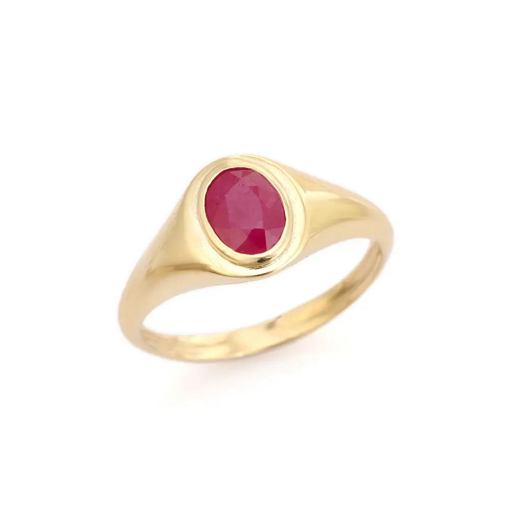 Latest Design July Birthstone Natural Ruby Signet Chunky Ring 14K Real Yellow Gold Jewelry