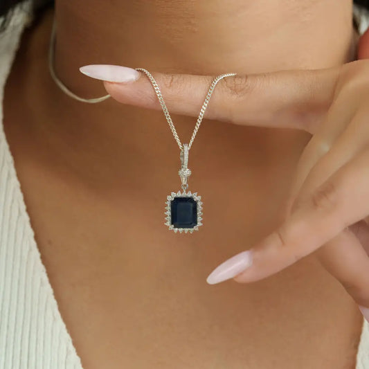 Blue Sapphire & Diamond Openable Lock Statement Cluster Pendant Newly 14K White Gold Jewelry