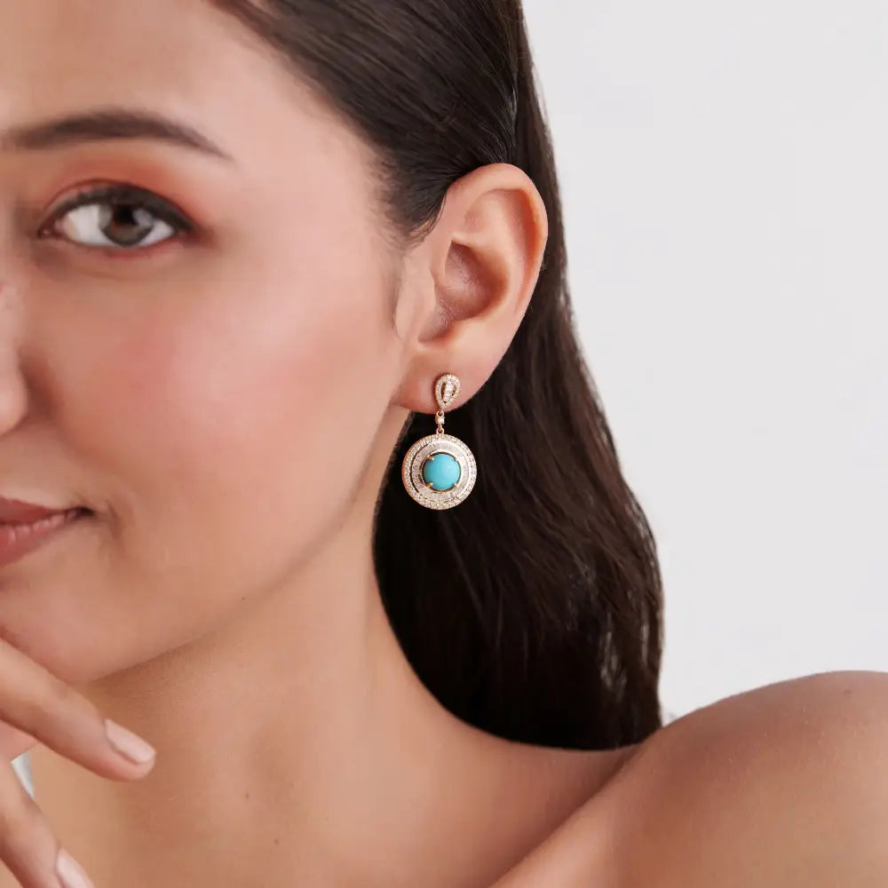 Cabochon Cut Turquoise & Diamond Double Halo Drop Earrings For Wedding 14K Yellow Gold