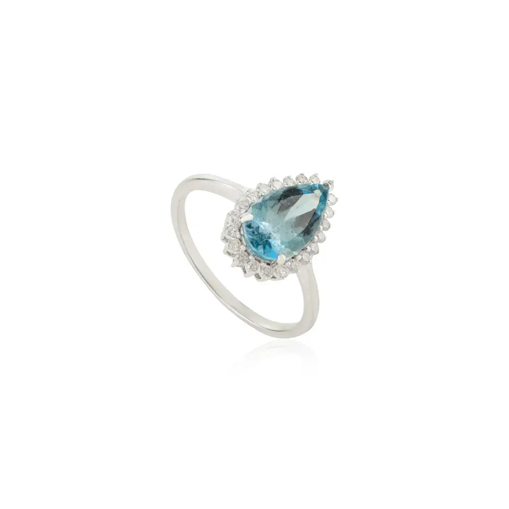 Pear Cut Aquamarine & Diamond Statement Cluster Ring Trending 14K White Gold Wedding Jewelry