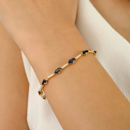 Elegant Design Marquise Blue Sapphire & Diamond Stack Tennis Bracelet Unisex 14K Gold