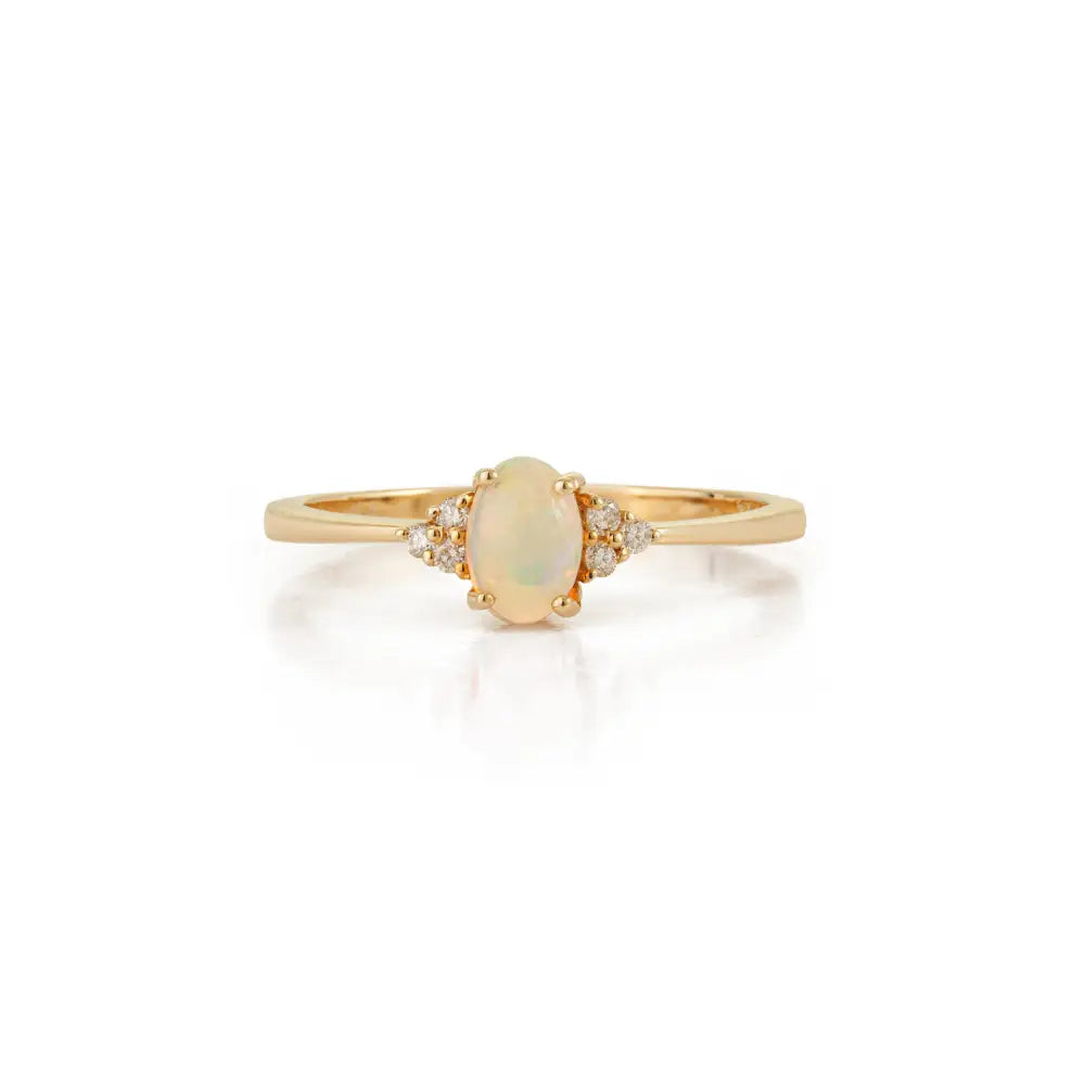 Dainty Stacking Design 14K Yellow Gold Opal & Diamond Minimalist Ring For Daily Wear Jewelry