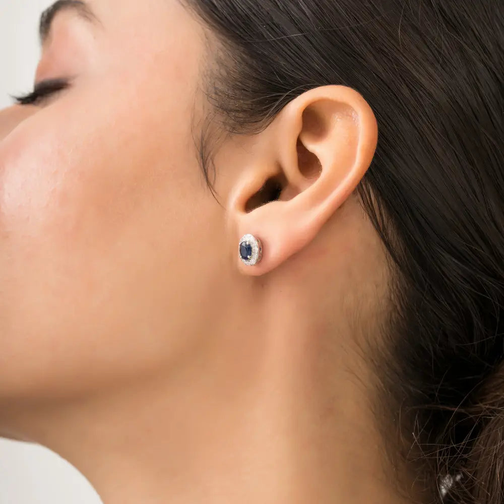 Oval Shape Blue Sapphire & Round Cut Diamond K14 White Gold Halo Stud Earrings For Women's