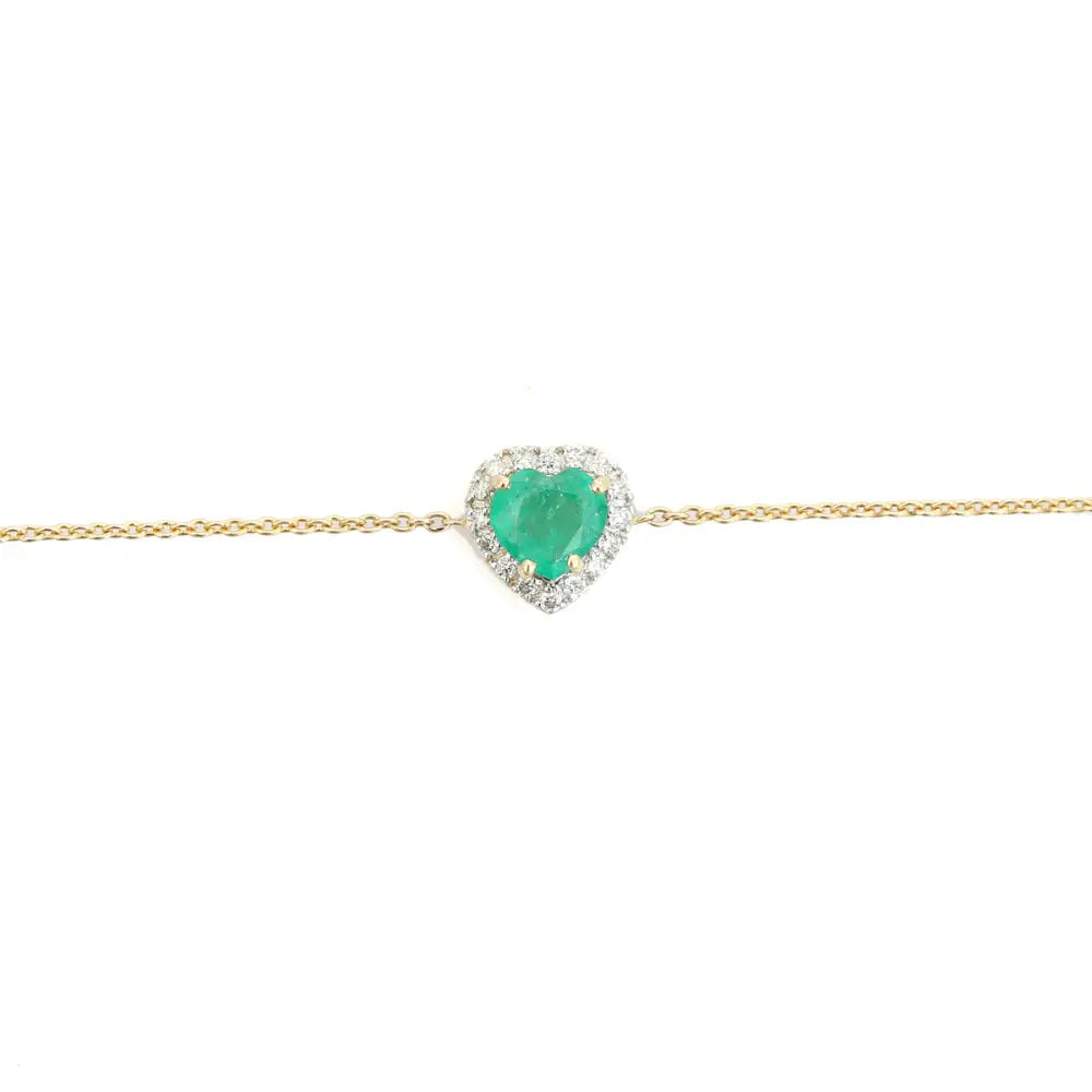 Heart Shape Emerald & Round Cut Diamond 14K Solid Yellow Gold Solitaire Halo Bracelet