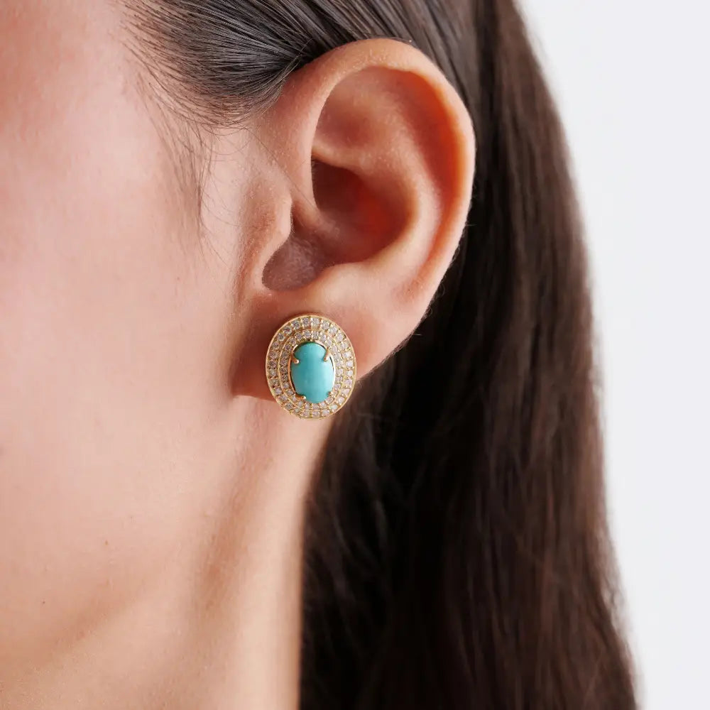 9x6mm Oval Cut Turquoise & Diamond Handmade Double Halo Stud Earrings 14K Yellow Gold