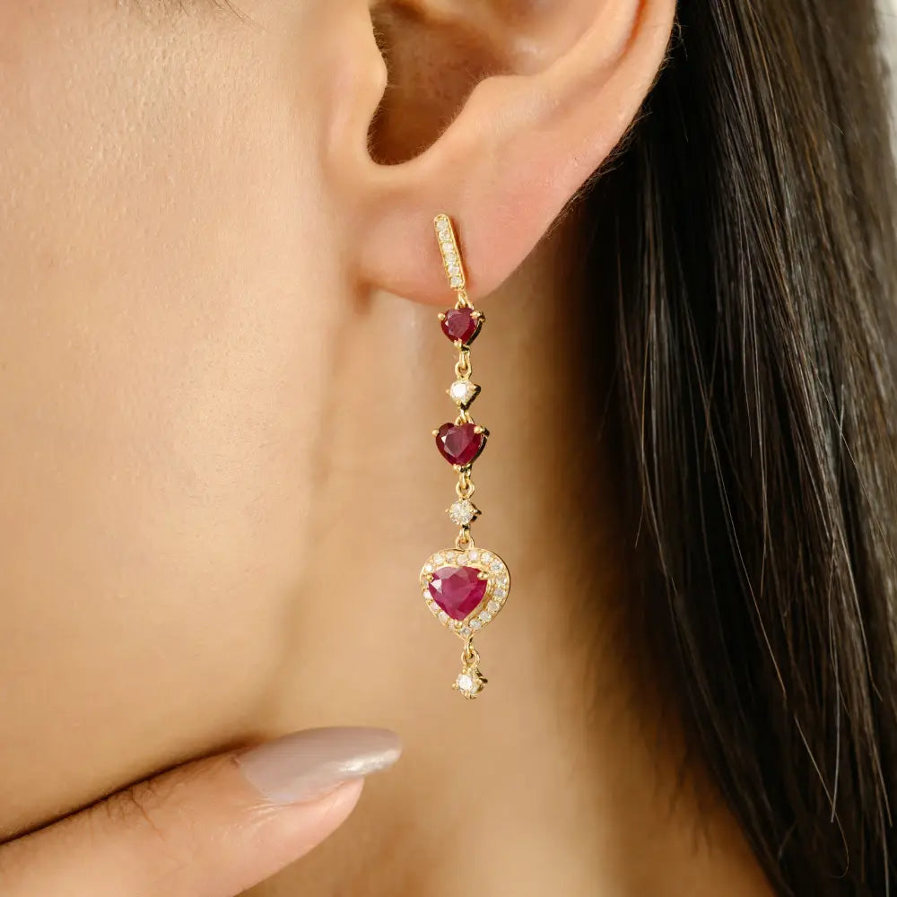 Heart Shape Ruby & Round Cut Diamond Long Dangle Earrings 18K Yellow Gold Anniversary Gift