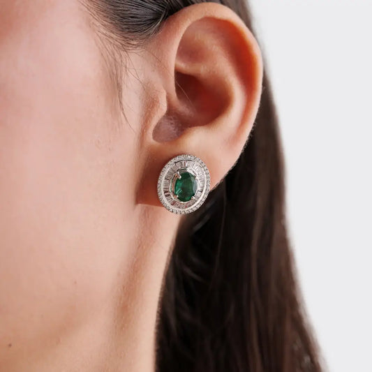 Precious Gemstone Emerald & Diamond Double Cluster Stud Earrings Real K14 White Gold Jewelry