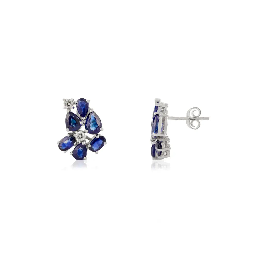 Prong Set Blue Sapphire & Diamond Real 14K White Gold Unique Design Statement Stud Earrings