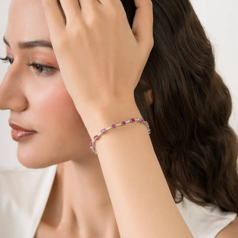 Simple Elegant Design 14K Real White Gold Ruby & Diamond Sleek Tennis Bracelet For Women