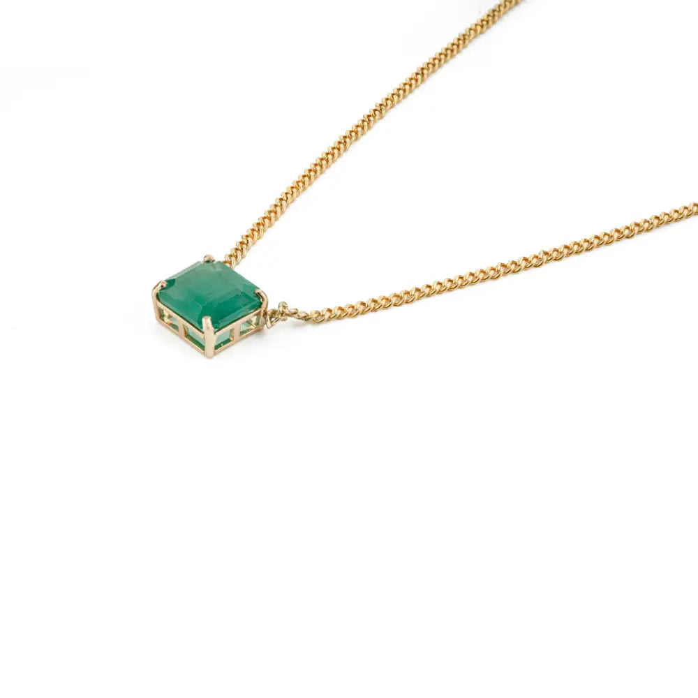 Square Cut Emerald Curb Link Chain Solitaire Gemstone Pendant Necklace Fine 14K Gold Jewelry