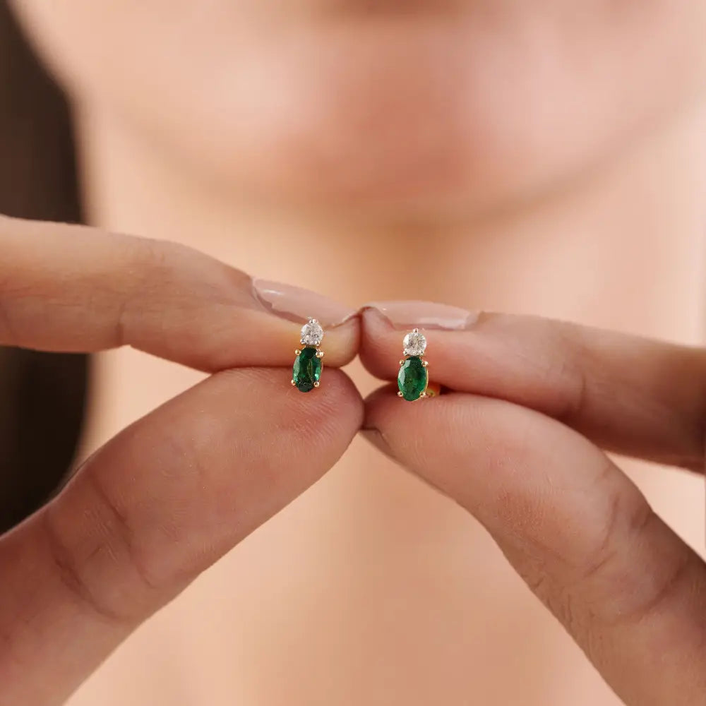 Minimalist Design Emerald & Diamond Small Stud Earrings 14K Yellow Gold Daily Wear Jewelry