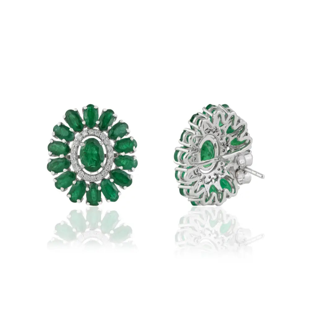 Floral Inspired Zambian Emerald & Diamond Halo Statement Stud Earrings 14K White Gold