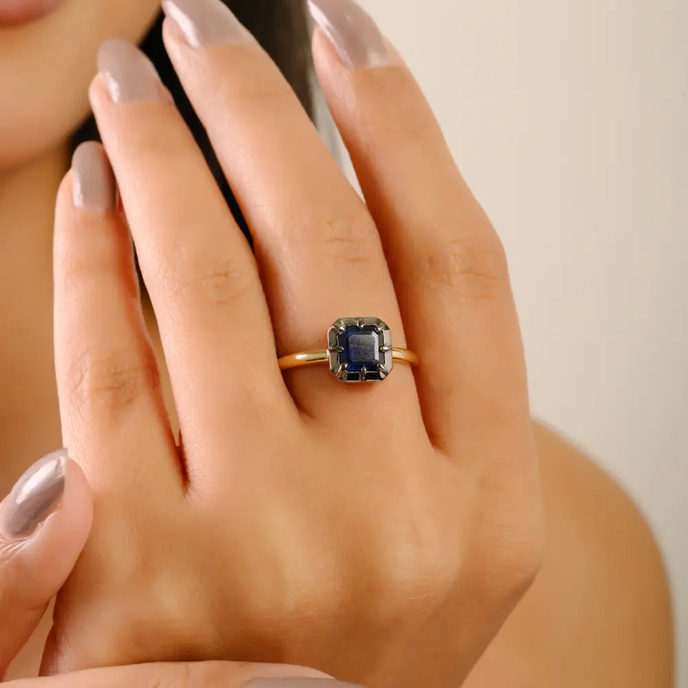 Square Cut Blue Sapphire Black Rhodium Plated 18K Solid Gold Solitaire Gemstone Minimal Ring