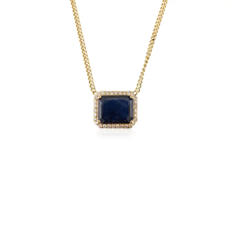 Prong Set Blue Sapphire & Diamond Single Stone Halo Pendant Necklace For Women 14K Gold