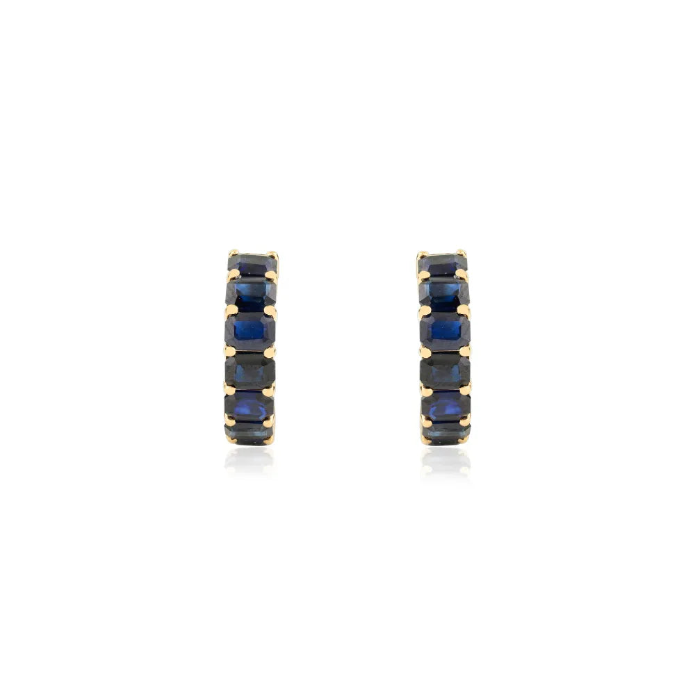 Natural Blue Sapphire Octagon Cut Small Hoop Earrings Solid 14K Yellow Gold Fine Jewelry