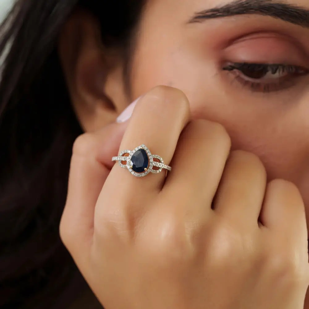 Pear Shape Blue Sapphire & Round Cut Diamond K14 Yellow Gold Statement Ring Newly Jewelry