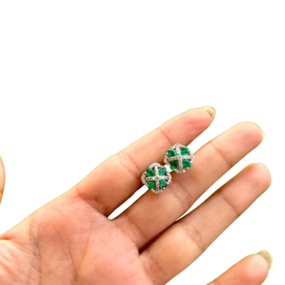 925 Sterling Silver Wholesale Jewelry Natural Emerald & American Diamond Square Shape Stud Earrings Latest Design